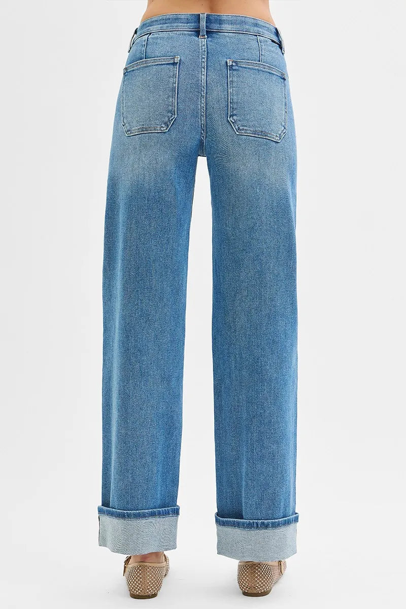 RISEN Full Size Elastic Band Mid Rise Wide Front Patch Pocket Cuff Jeans Plus Size 5973934562ee443090ebb2fc3a35e302-Max-Origin