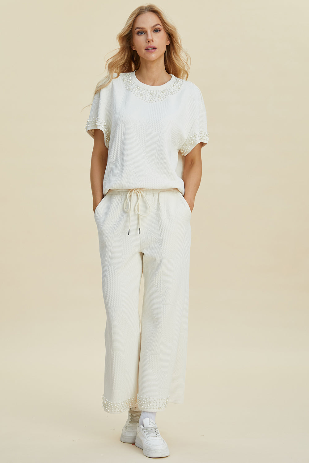 Double Take Full Size Pearl Detail Round Neck Top and Pants Set Double Take Full Size Pearl Detail Round Neck Top and Pants Set