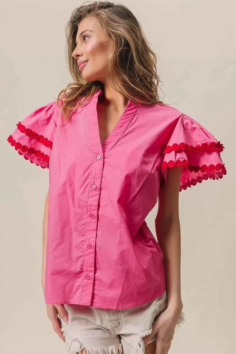 BiBi Dot Trim Flutter Sleeve Notched Top BiBi Dot Trim Flutter Sleeve Notched Top