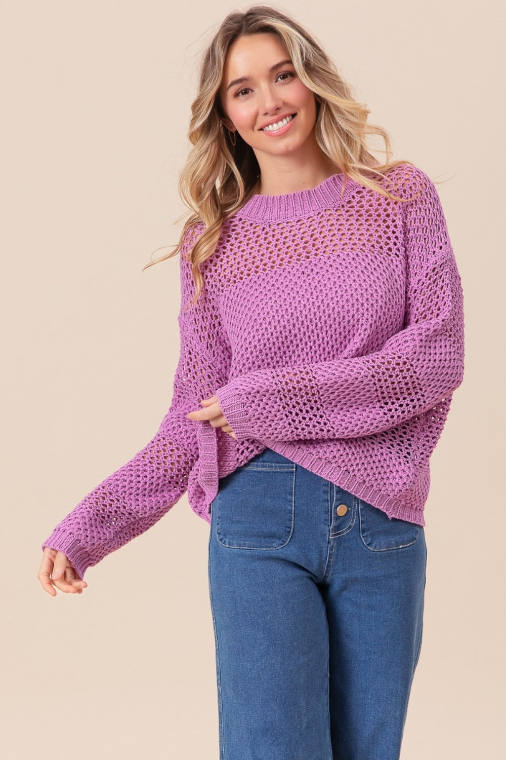 BiBi Openwork Long Sleeve Knit Top BiBi Openwork Long Sleeve Knit Top - TopFashionHQ