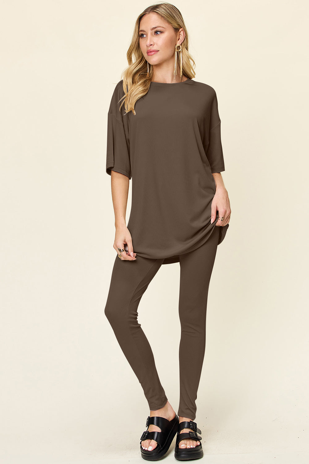 Double Take Full Size Round Neck Dropped Shoulder T-Shirt and Leggings Set Double Take Full Size Round Neck Dropped Shoulder T-Shirt and Leggings Set