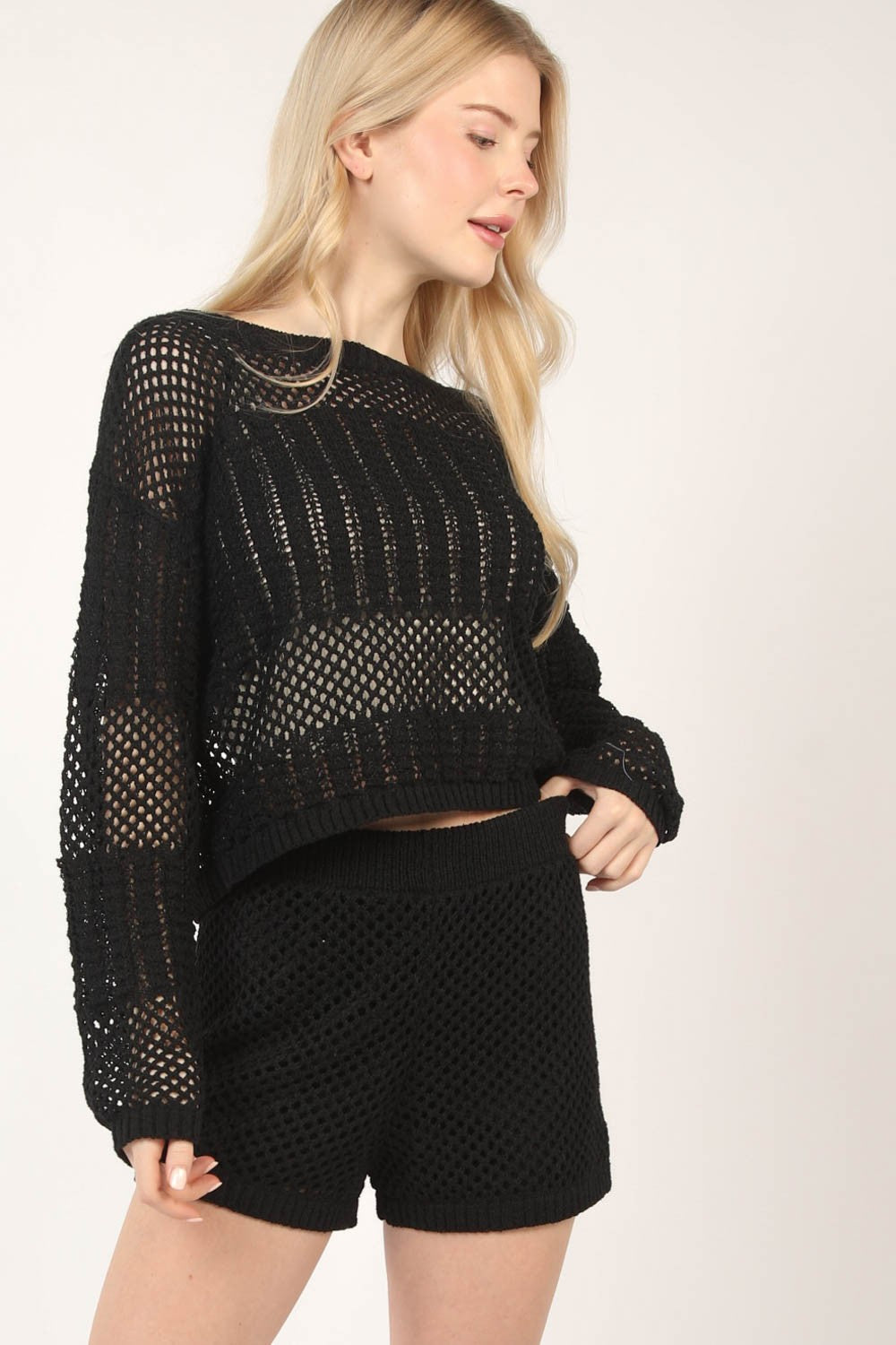 VERY J Openwork Cropped Cover Up and Shorts Set VERY J Openwork Cropped Cover Up and Shorts Set - TopFashionHQ