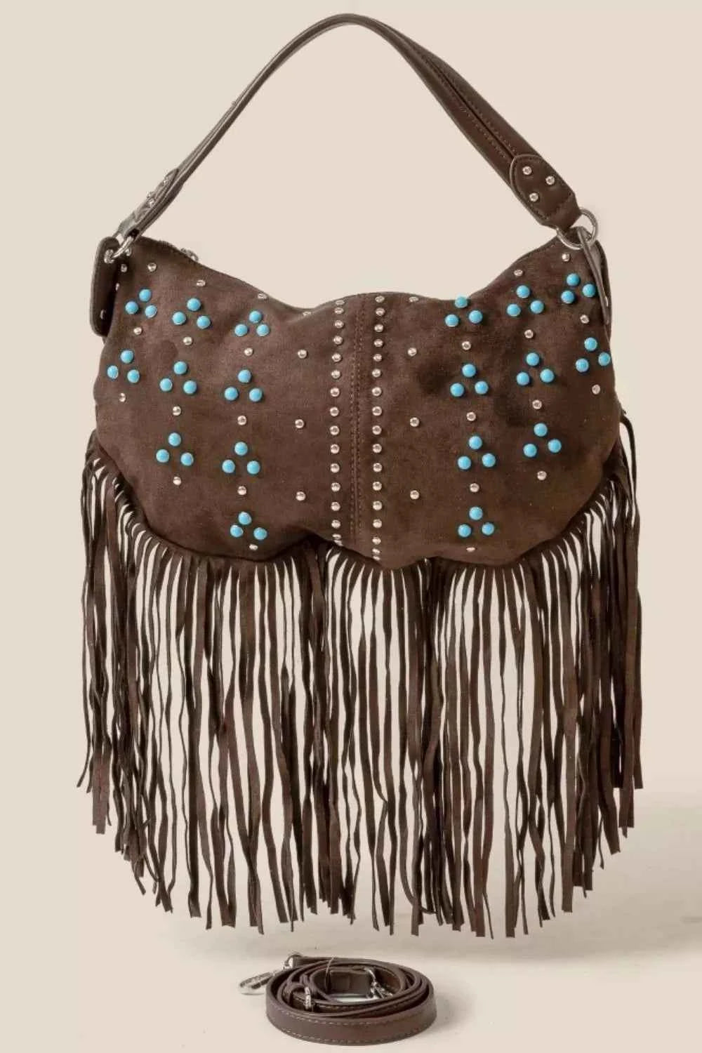 Fame Studded Pattern Multi Fringe Hobo Shoulder Bag Fame Studded Pattern Multi Fringe Hobo Shoulder Bag