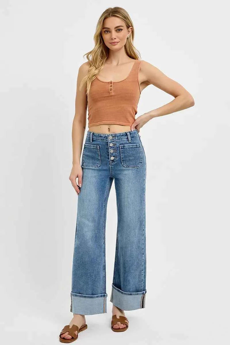 RISEN High Rise Ankle Wide Button Patch Pocket Cuffed Jeans RISEN High Rise Ankle Wide Button Patch Pocket Cuffed Jeans