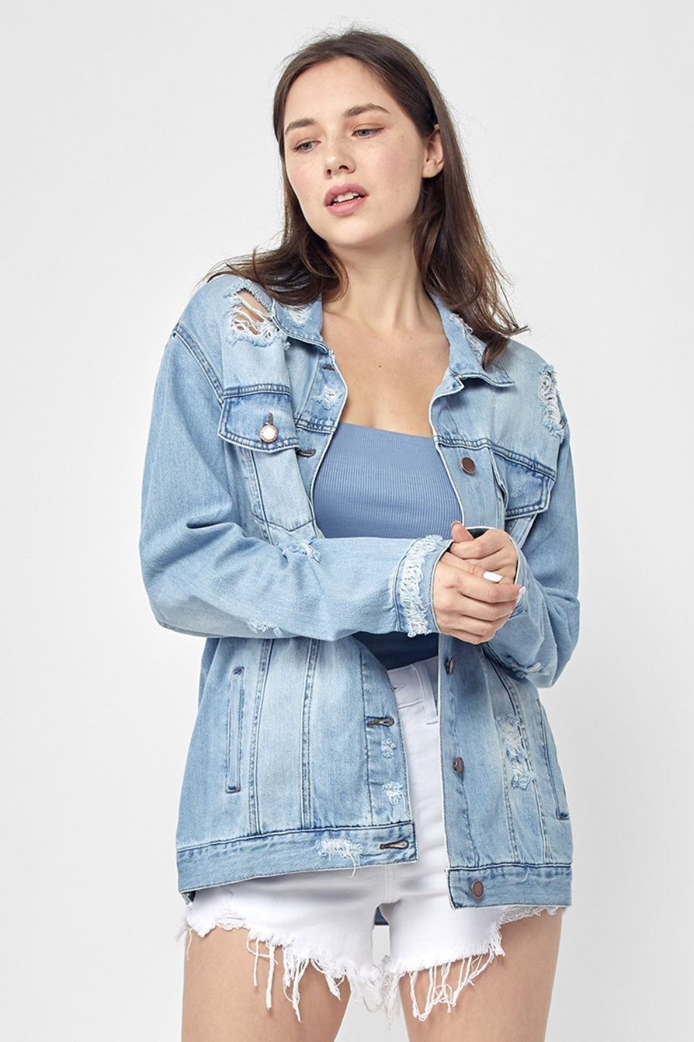 RISEN Full Size Distressed Long Sleeve Denim Jacket RISEN Full Size Distressed Long Sleeve Denim Jacket - TopFashionHQ