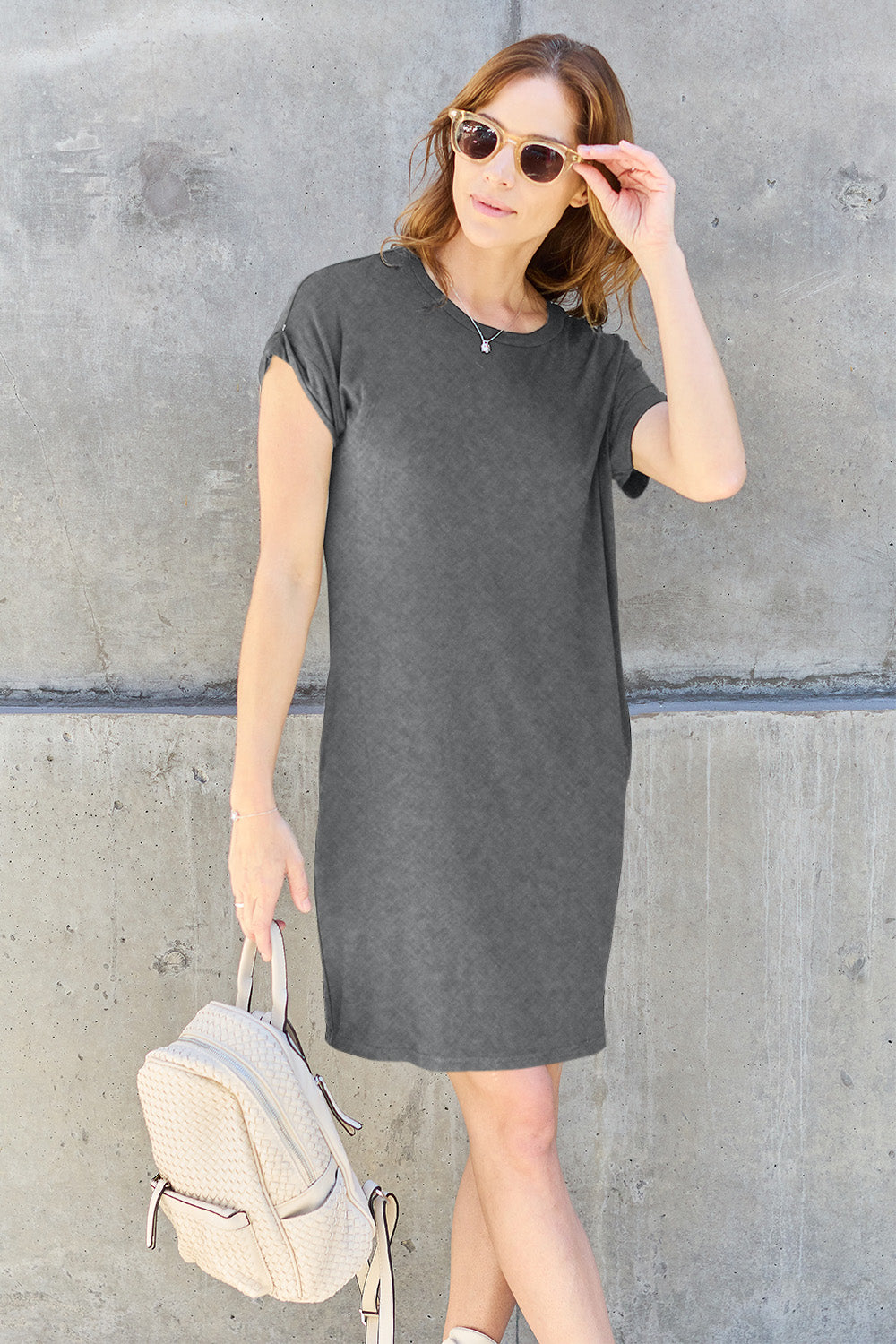 Basic Bae Full Size Round Neck Short Sleeve Dress with Pockets Basic Bae Full Size Round Neck Short Sleeve Dress with Pockets - TopFashionHQ