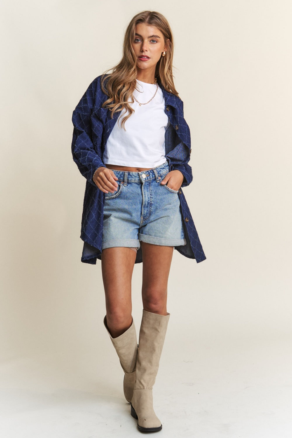 J.NNA Rhombus Stitched Button Up Denim Shacket J.NNA Rhombus Stitched Button Up Denim Shacket