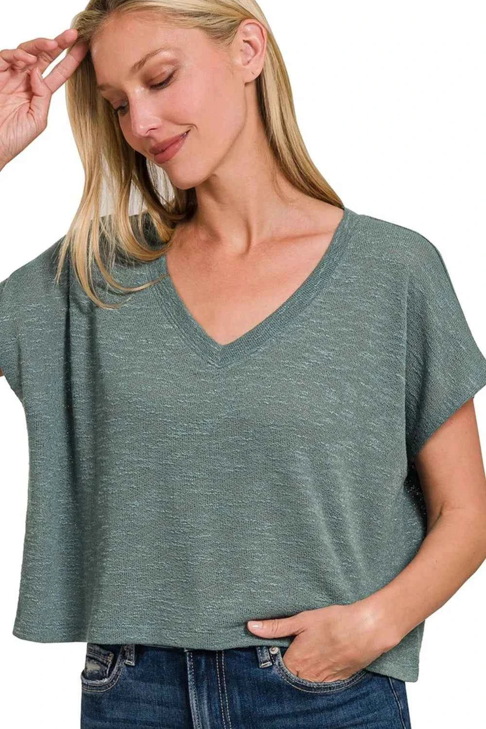 Zenana Hacci Slub V-neck Drop Shoulder Crop Top Zenana Hacci Slub V-neck Drop Shoulder Crop Top