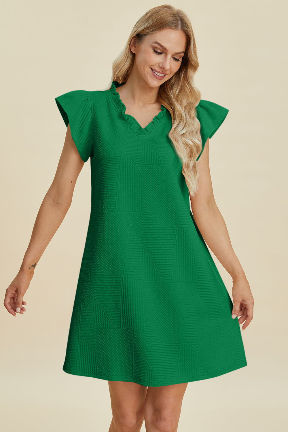 Double Take Full Size Ruffled V-Neck Cap Sleeve Dress Double Take Full Size Ruffled V-Neck Cap Sleeve Dress