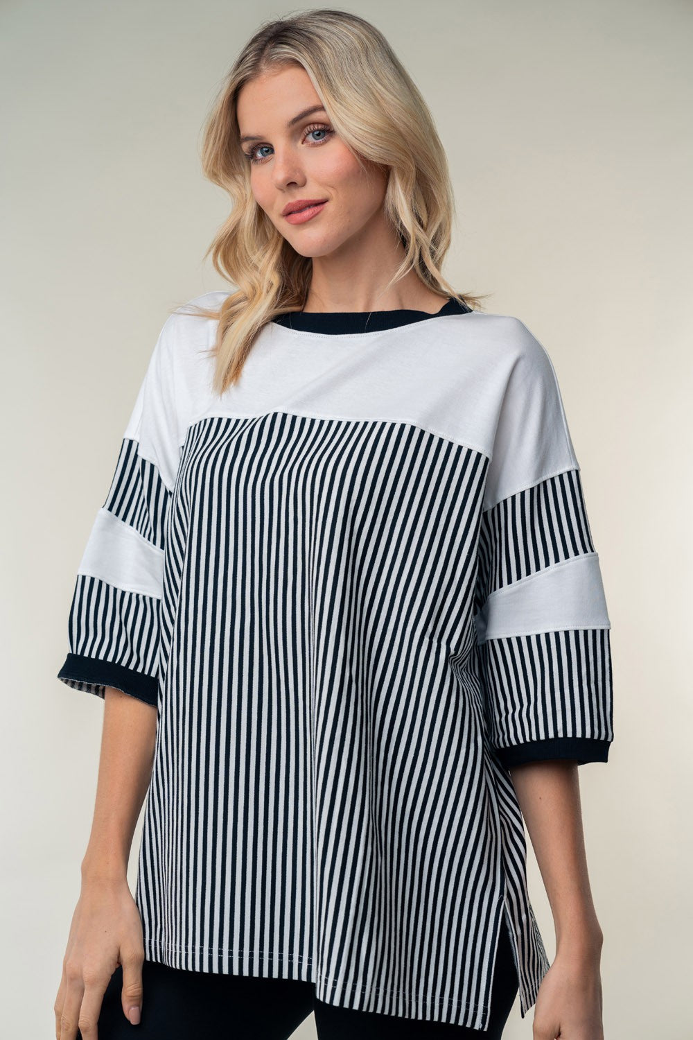 White Birch Full Size Striped Contrast Round Neck Top White Birch Full Size Striped Contrast Round Neck Top - TopFashionHQ