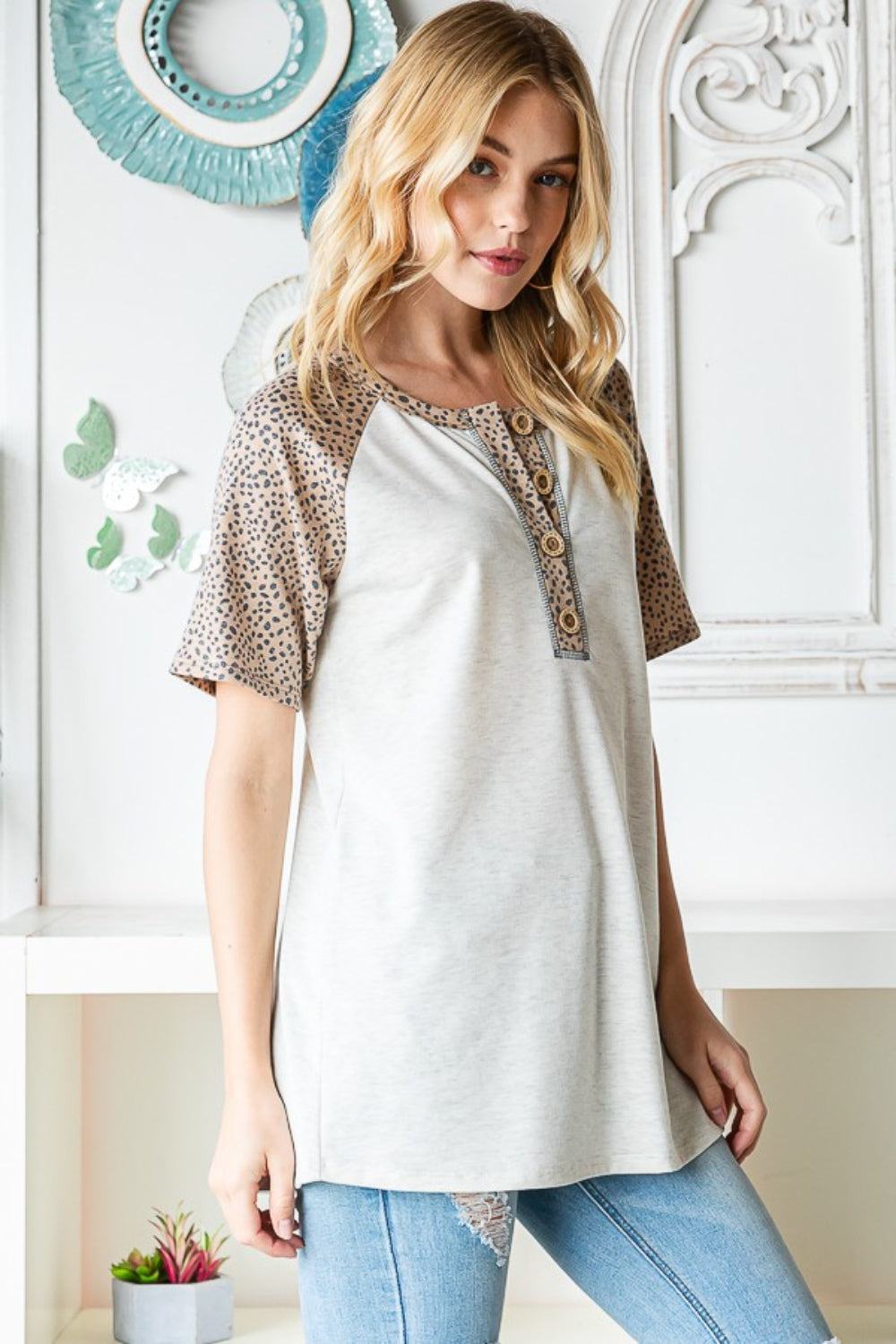 Heimish Full Size Animal Print Half Button Short Sleeve Top Heimish Full Size Animal Print Half Button Short Sleeve Top - TopFashionHQ