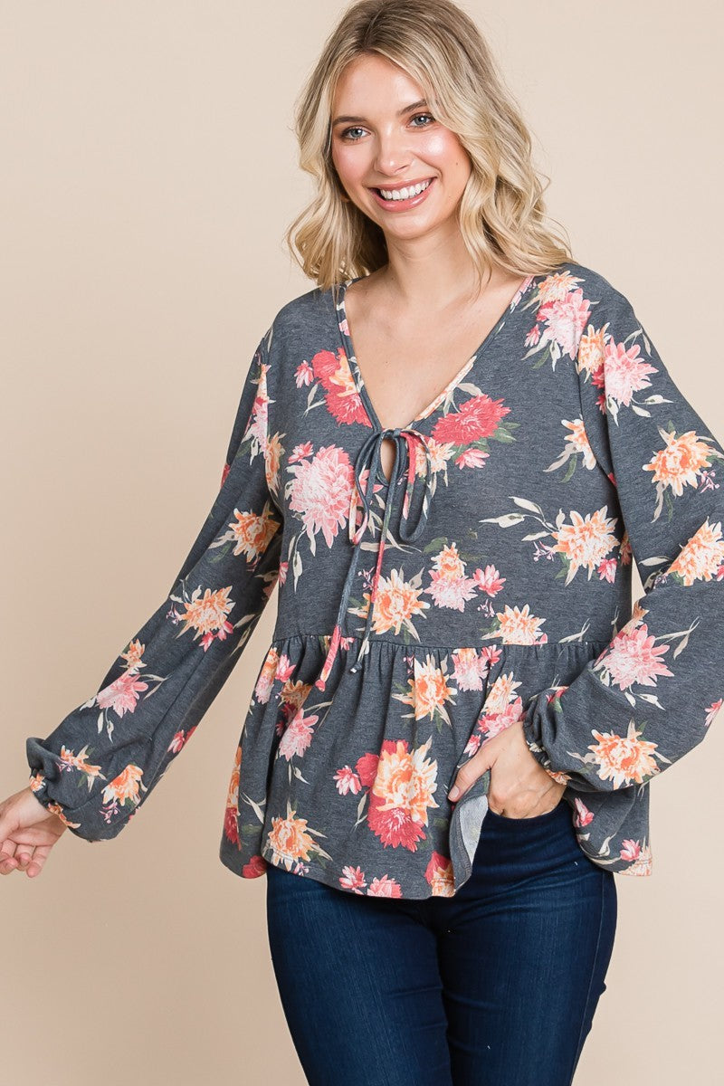 Super Lady Full Size Babydoll Floral Long Sleeve Blouse Super Lady Full Size Babydoll Floral Long Sleeve Blouse