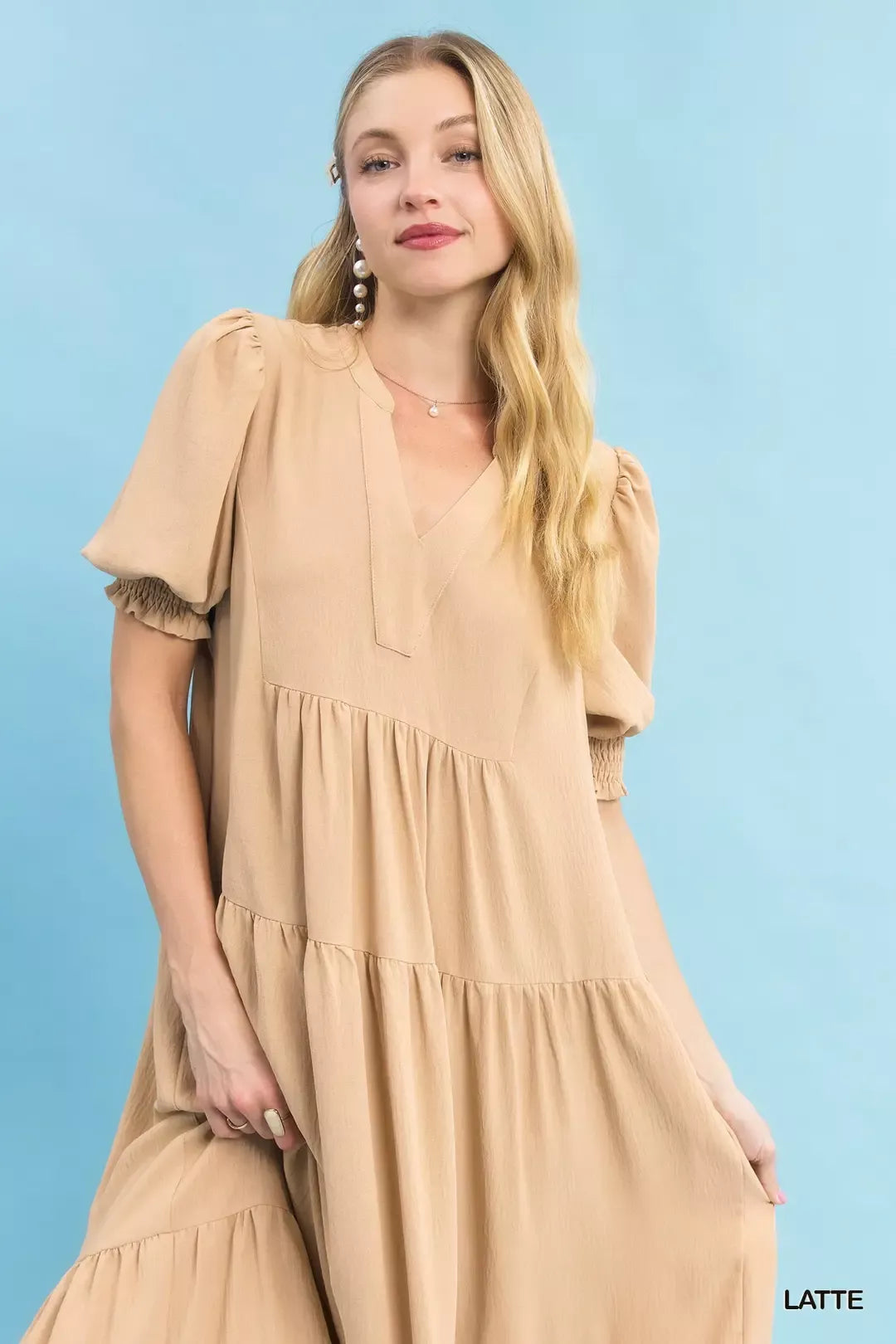 Umgee V-Neck Puff Sleeve Tiered Midi Dress 5ad907a3-c249-4a03-94f1-056879e64f7d-Max-Origin