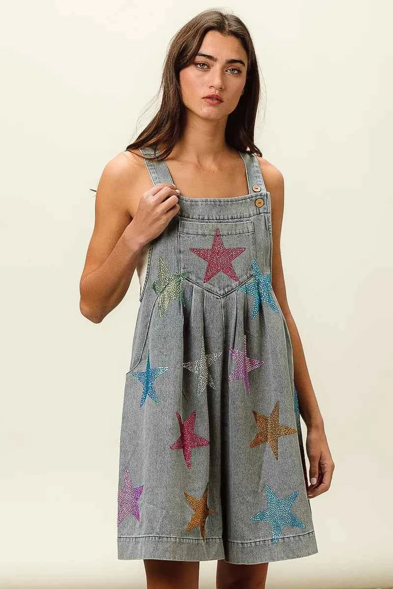 BiBi Star Rhinestone Washed Wide Leg Shortalls BiBi Star Rhinestone Washed Wide Leg Shortalls