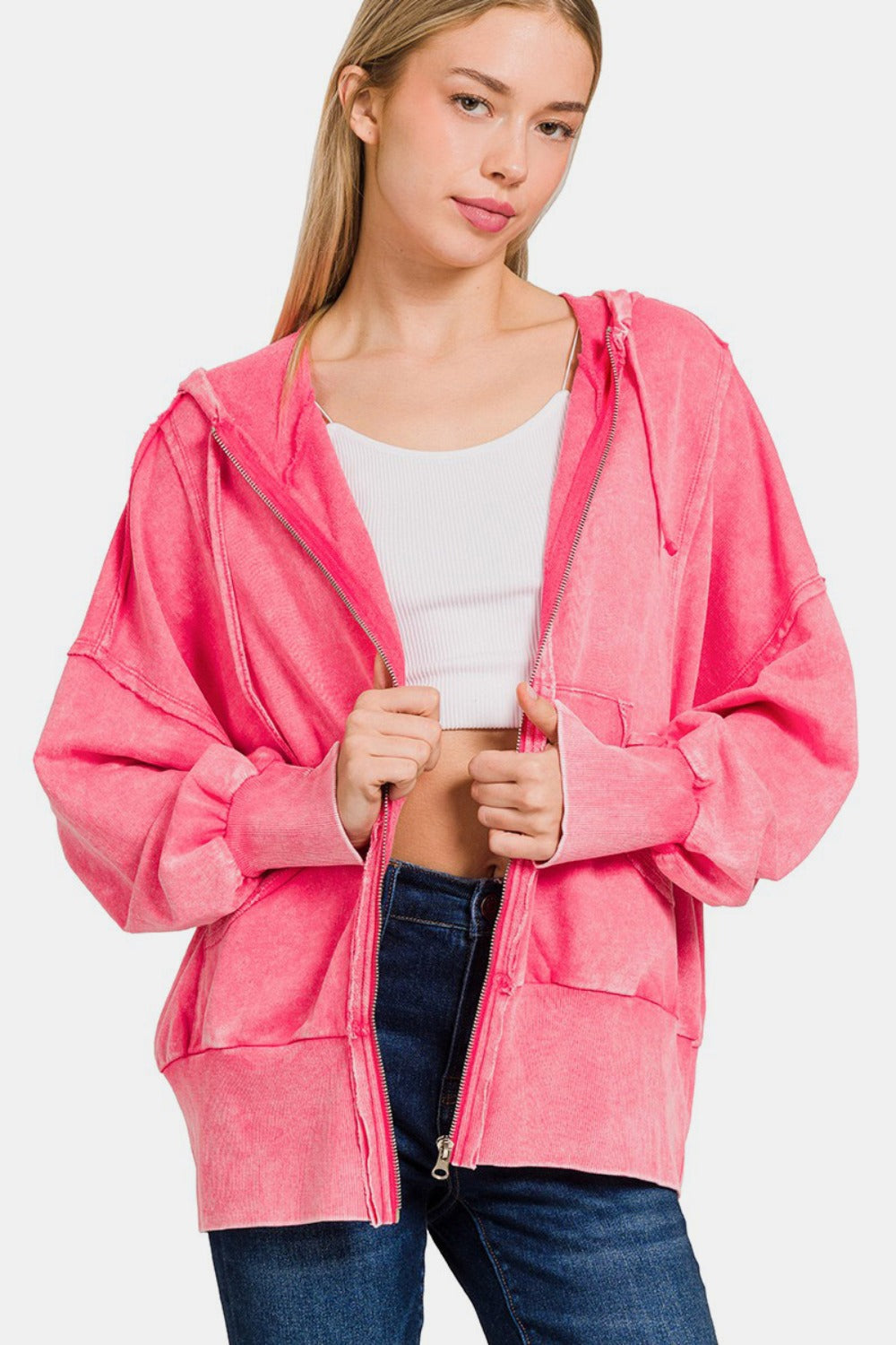 Zenana Acid Washed French Terry Zip-Up Hoodie with Pockets Zenana Acid Washed French Terry Zip-Up Hoodie with Pockets