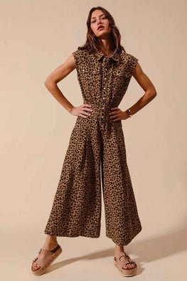 SO ME Wide Leg Leopard Twill Overalls Jumpsuit with Tuck