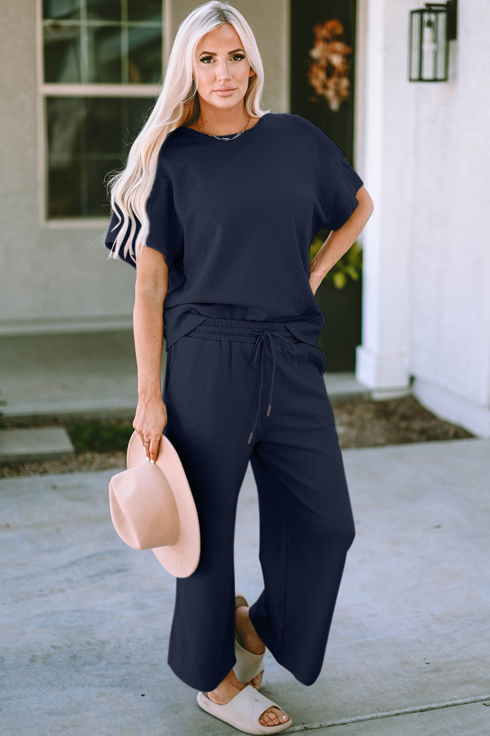 Double Take Full Size Texture Short Sleeve Top and Pants Set Double Take Full Size Texture Short Sleeve Top and Pants Set - TopFashionHQ