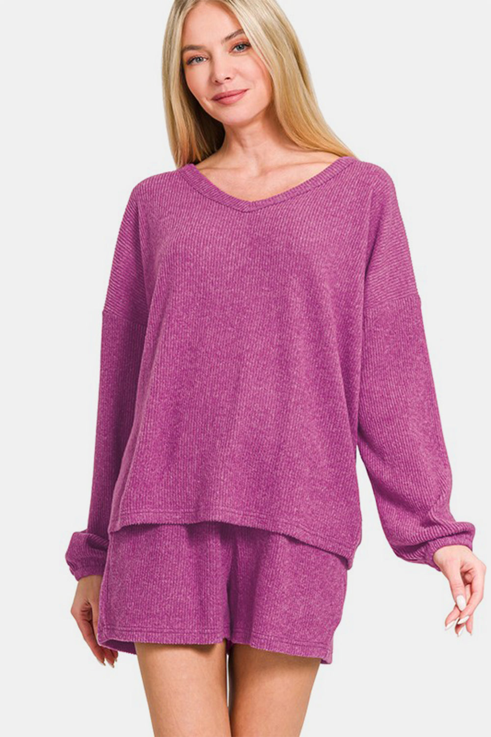 Zenana V-Neck Long Sleeve Ribbed Top and Shorts Set Zenana V-Neck Long Sleeve Ribbed Top and Shorts Set - TopFashionHQ