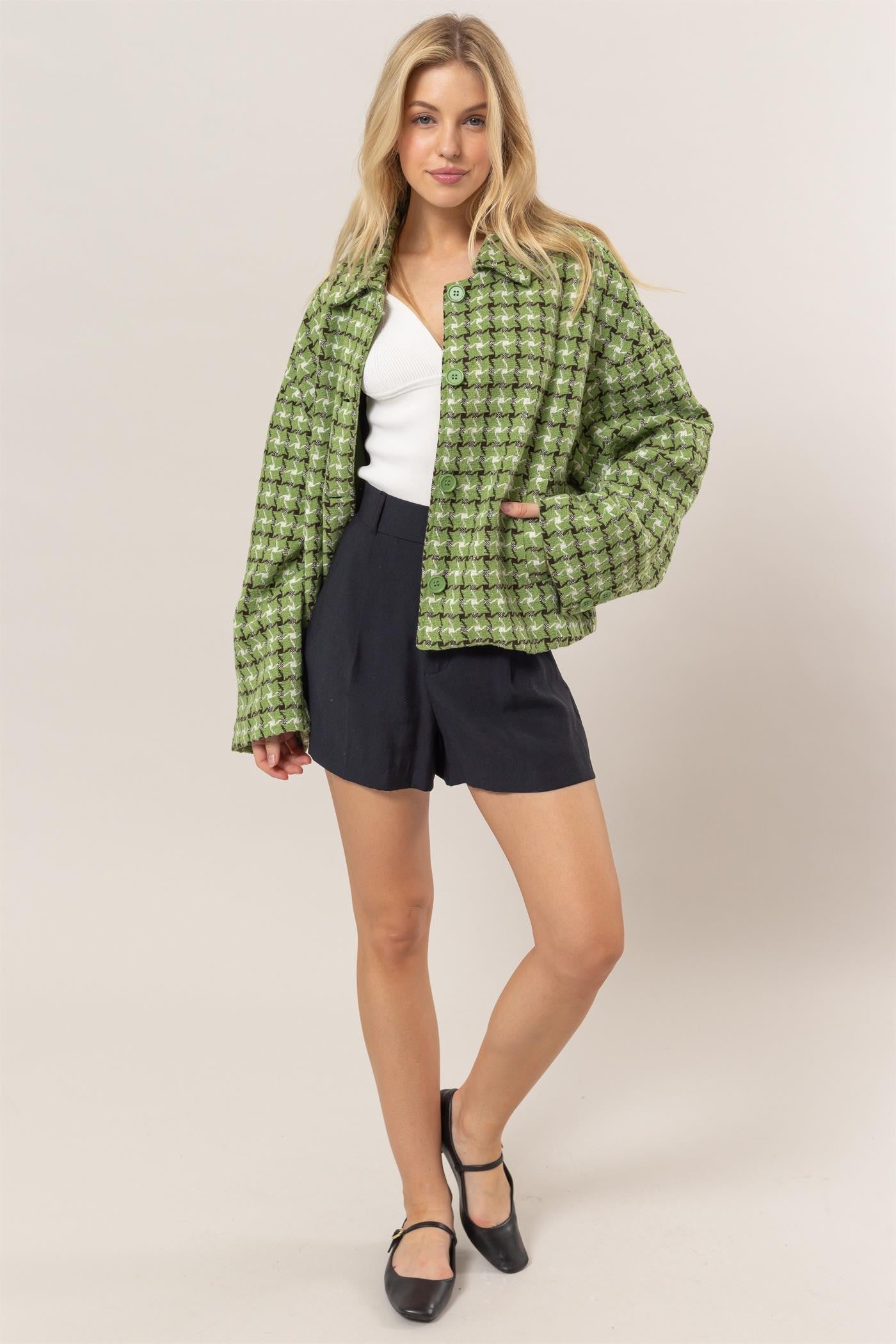 HYFVE Tweed Plaid Button Up Collared Neck Jacket HYFVE Tweed Plaid Button Up Collared Neck Jacket