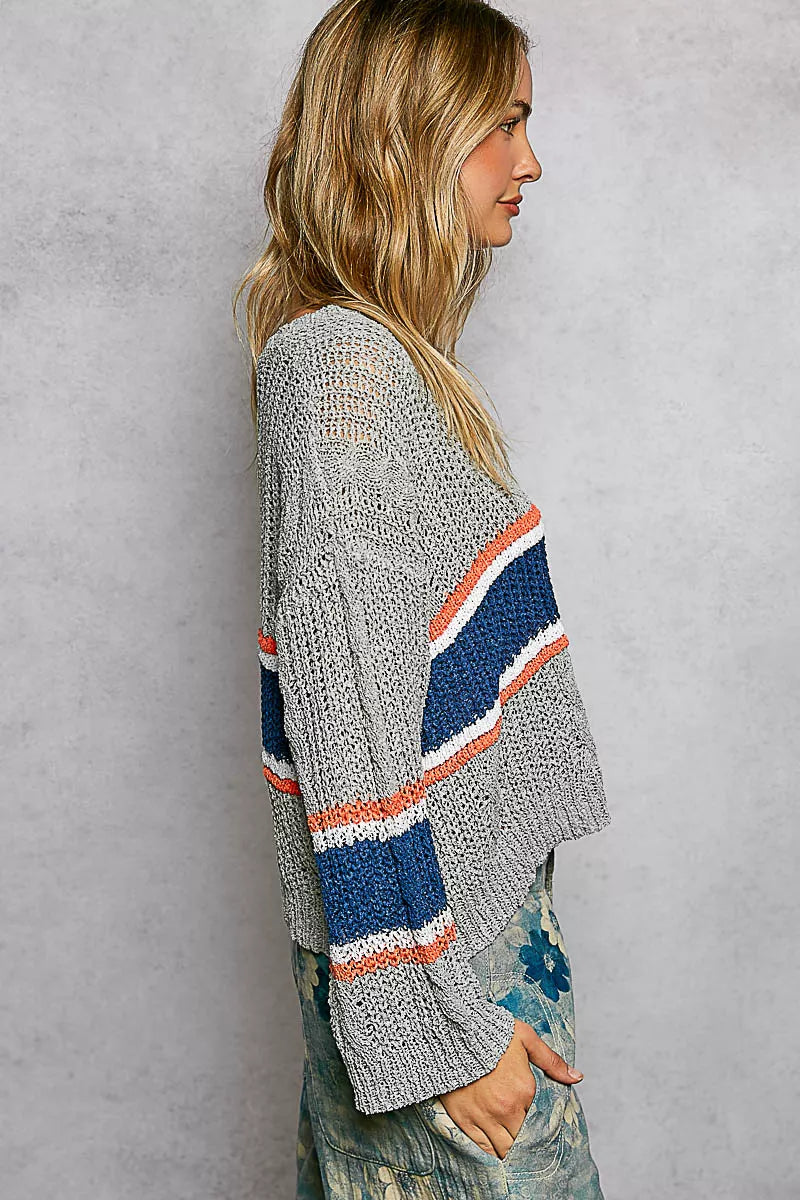 POL V-Neck Striped Pattern Cropped Knit Top with Cable Knit Detail 5baecd60-5275-469c-9eb1-76d814eadbd9-Max-Origin