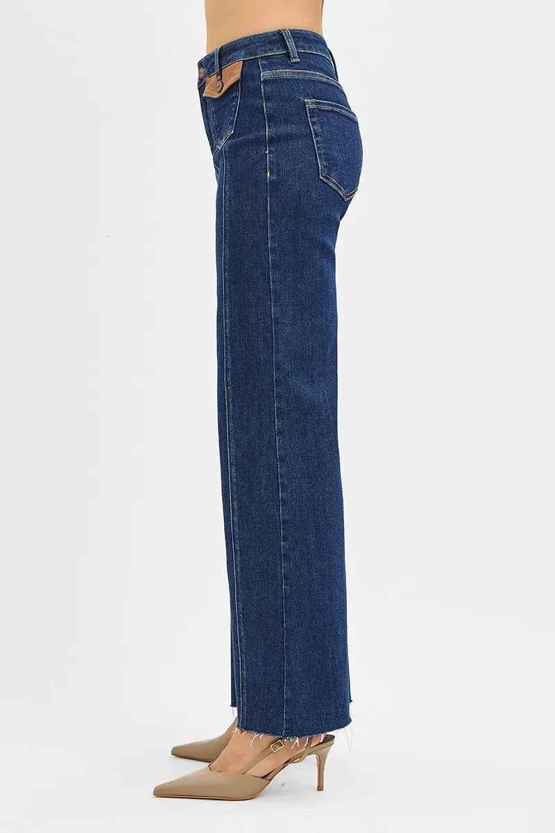 RISEN High Rise Wide Flare Jeans with Front Leather Pocket Detail RISEN High Rise Wide Flare Jeans with Front Leather Pocket Detail