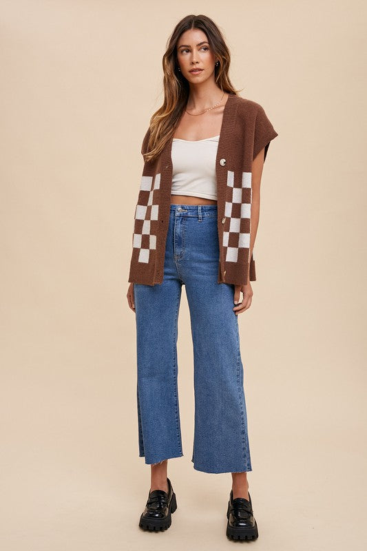 Annie Wear Checkered Button Down Short Sleeve Cardigan Annie Wear Checkered Button Down Short Sleeve Cardigan