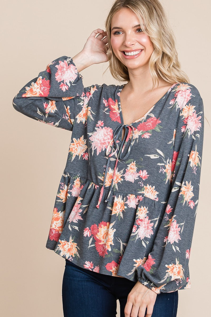 Super Lady Full Size Babydoll Floral Long Sleeve Blouse Super Lady Full Size Babydoll Floral Long Sleeve Blouse