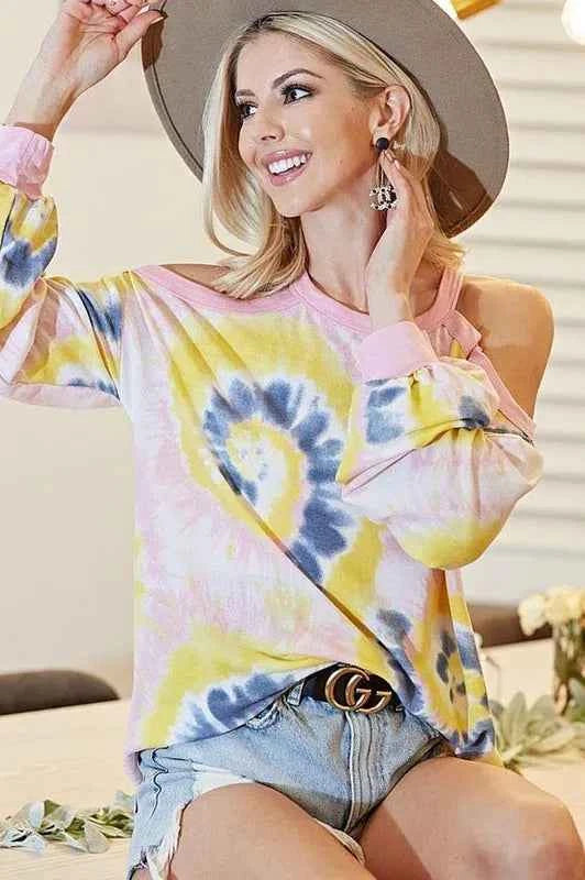 BiBi Tie Dye Print Terry Top with Cold Shoulder Detail BiBi Tie Dye Print Terry Top with Cold Shoulder Detail