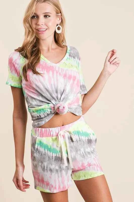 BiBi Tie Dye Print Shorts With Twill Tape Drawstring BiBi Tie Dye Print Shorts With Twill Tape Drawstring