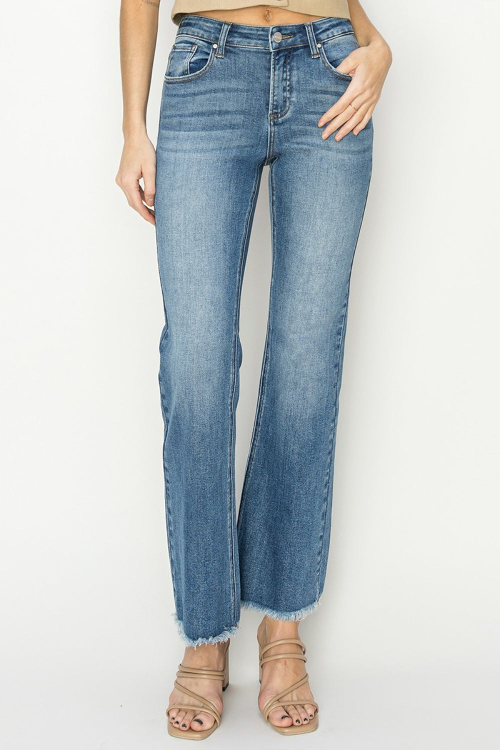 RISEN Mid-Rise Frayed Hem Bootcut Jeans RISEN Mid-Rise Frayed Hem Bootcut Jeans - TopFashionHQ
