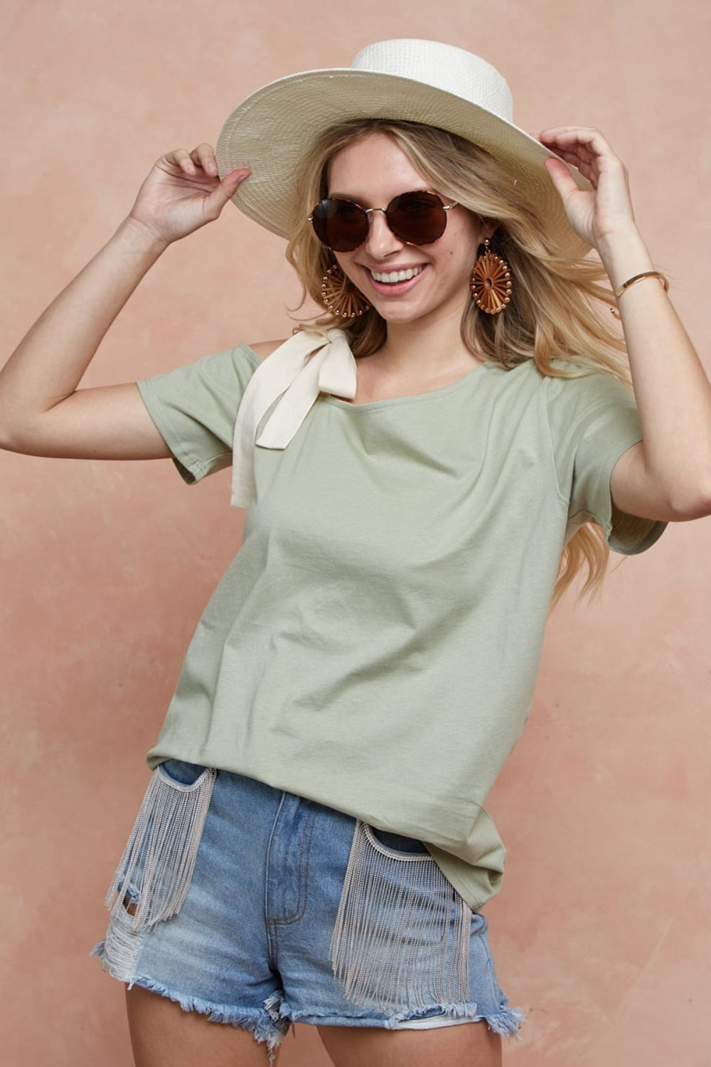 BiBi Tied Ribbon One Shoulder Short Sleeve T-Shirt BiBi Tied Ribbon One Shoulder Short Sleeve T-Shirt - TopFashionHQ