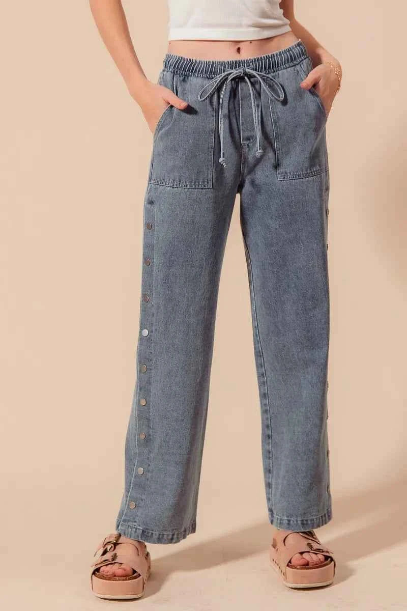 SO ME Mid Rise Drawstring Jeans with Side Snap Button SO ME Mid Rise Drawstring Jeans with Side Snap Button