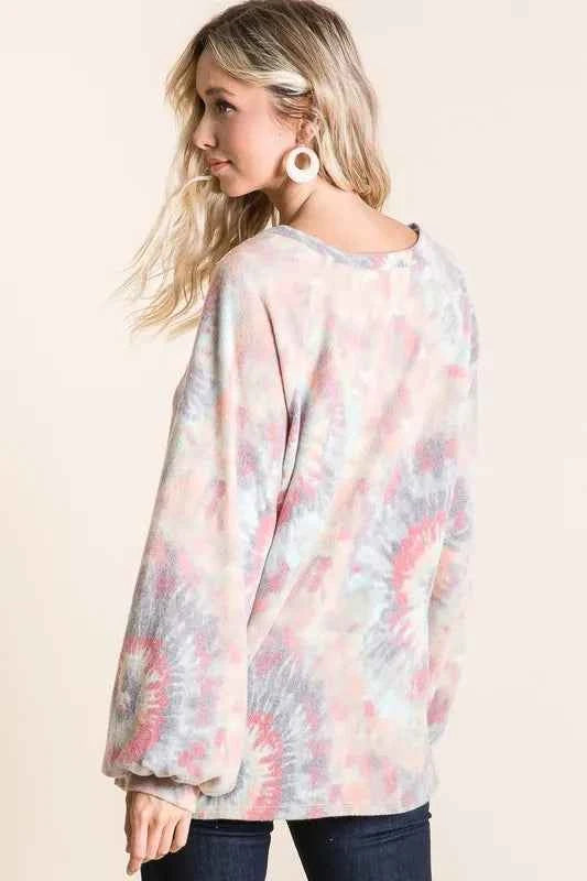 BiBi Brushed Tie Dye Print Top with Puff Sleeves BiBi Brushed Tie Dye Print Top with Puff Sleeves
