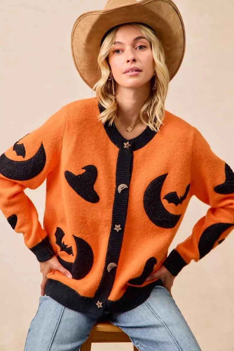 BiBi Halloween Witch Hat Moon Bat Artwork Cardigan BiBi Halloween Witch Hat Moon Bat Artwork Cardigan