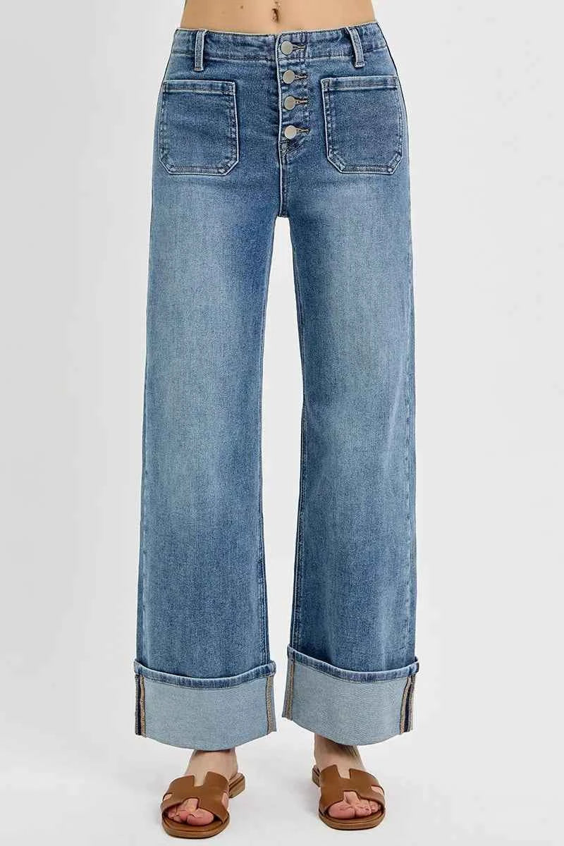 RISEN High Rise Ankle Wide Button Patch Pocket Cuffed Jeans RISEN High Rise Ankle Wide Button Patch Pocket Cuffed Jeans