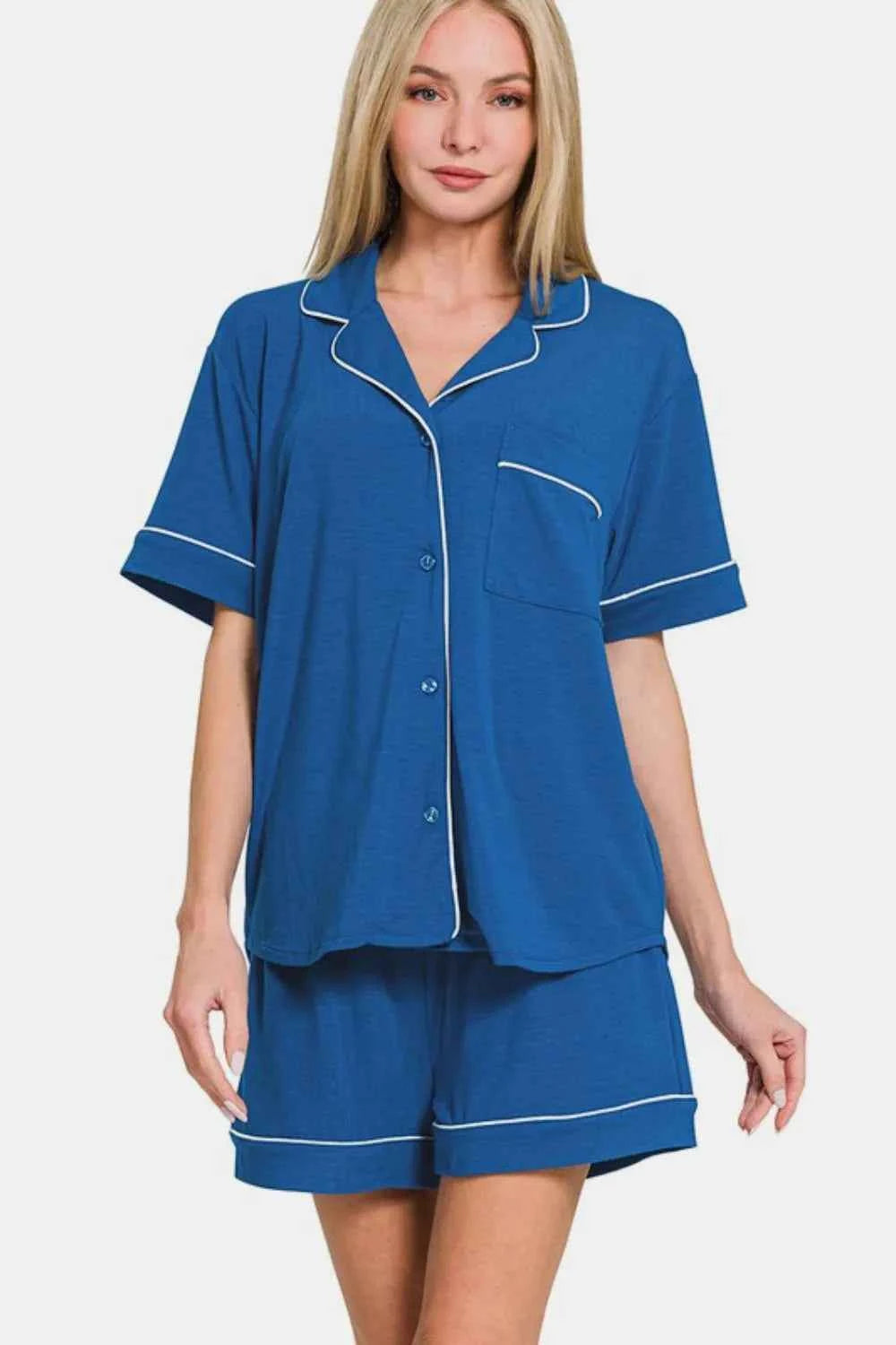 Zenana Button Down Short Sleeve Top and Shorts Lounge Set Zenana Button Down Short Sleeve Top and Shorts Lounge Set