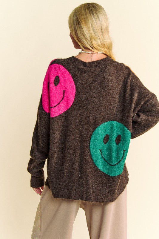 Davi & Dani Contrast Smile Round Neck Oversize Sweater Davi & Dani Contrast Smile Round Neck Oversize Sweater - TopFashionHQ