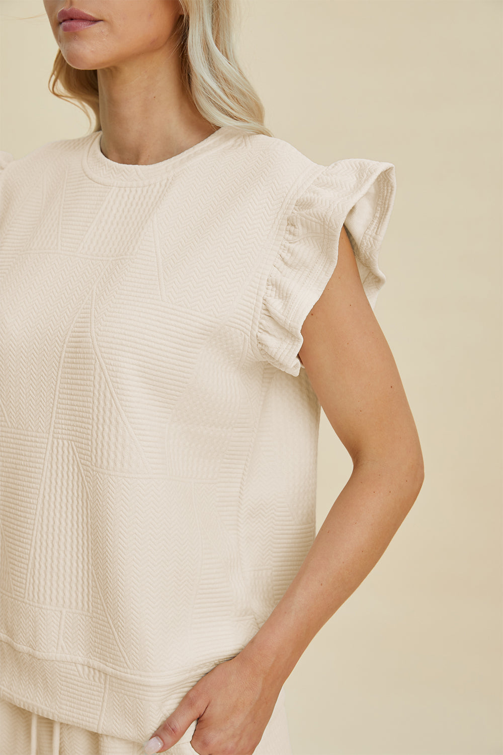 Double Take Full Size Texture Round Neck Ruffle Sleeve Top and Shorts Set Double Take Full Size Texture Round Neck Ruffle Sleeve Top and Shorts Set