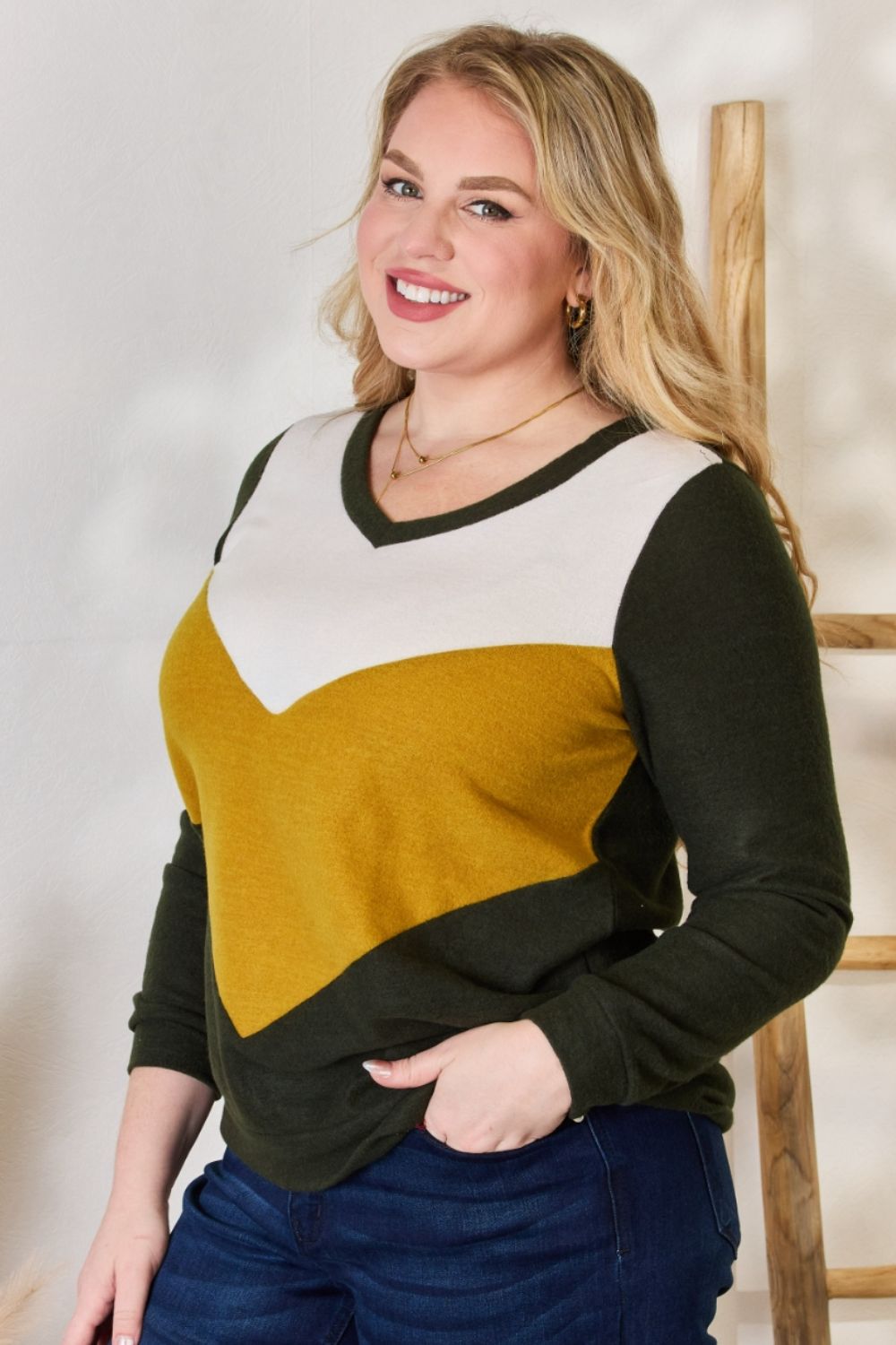 Hailey & Co Full Size Colorblock V-Neck Blouse Hailey & Co Full Size Colorblock V-Neck Blouse - TopFashionHQ
