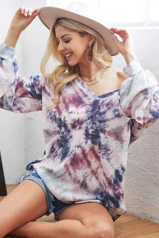BiBi Tie-Dye V-Neck Long Sleeve Waffle Top BiBi Tie-Dye V-Neck Long Sleeve Waffle Top