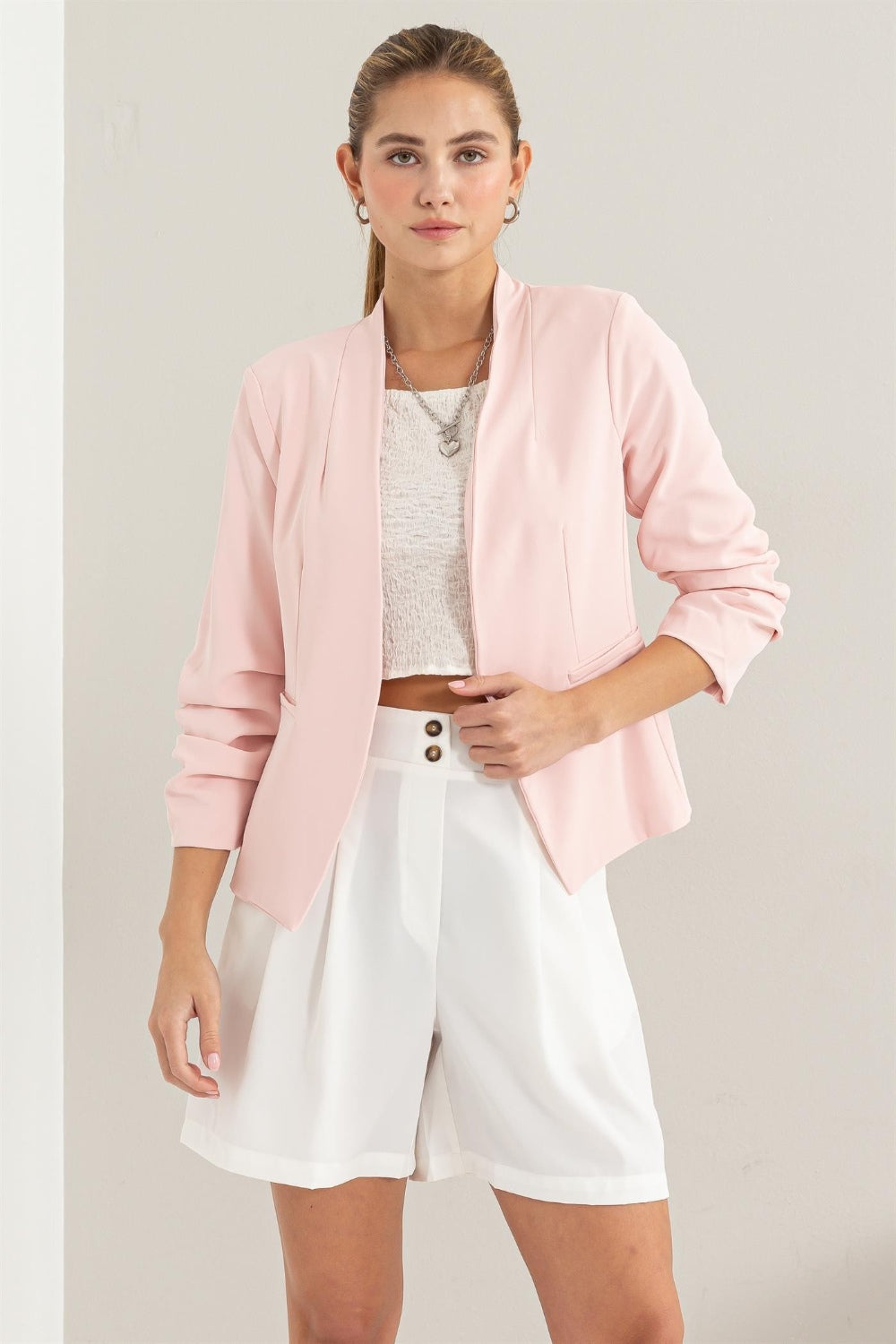 HYFVE Open Front Ruched Sleeve Blazer HYFVE Open Front Ruched Sleeve Blazer - TopFashionHQ