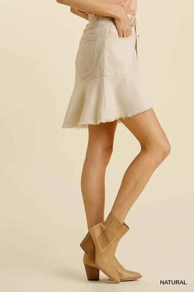 Umgee Linen Blend 5 Pockets High Low Skirt with Frayed Hem Umgee Linen Blend 5 Pockets High Low Skirt with Frayed Hem