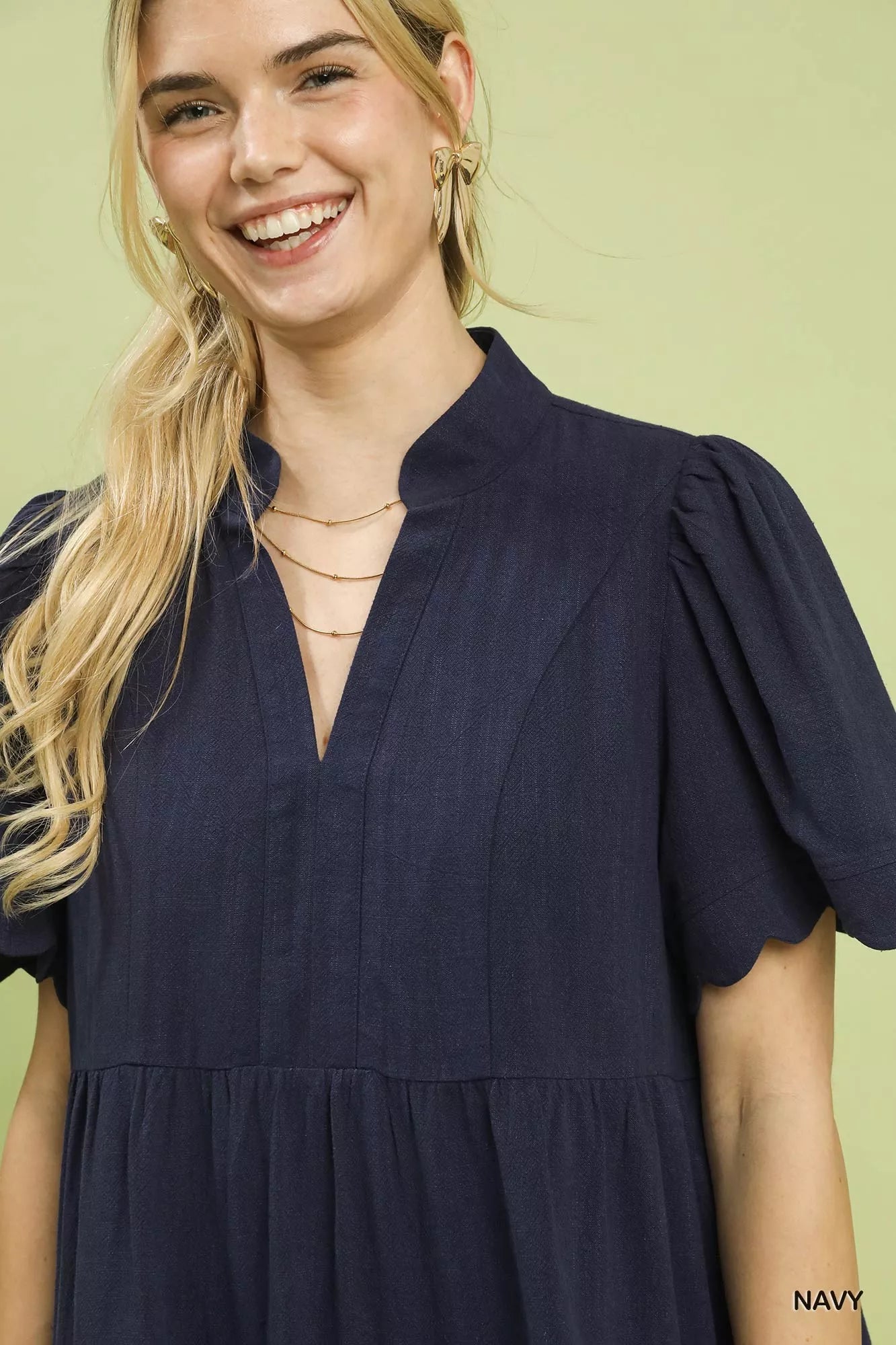 Umgee Linen Tiered Babydoll Dress with Scalloped Sleeves 5d81772a-a178-4f55-8fea-c8728c438bf3-Max-Origin