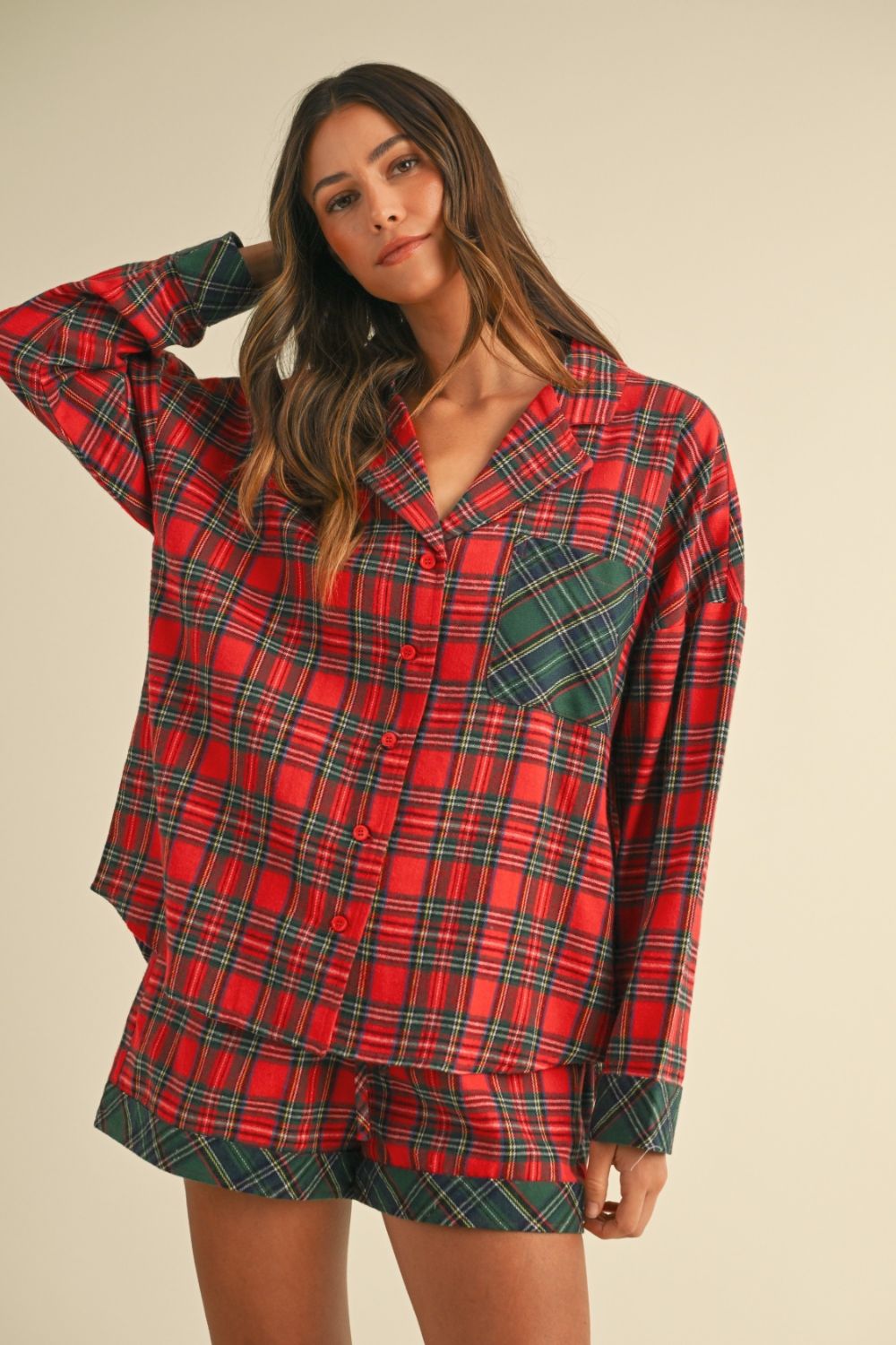 Annie Wear Contrast Plaid Long Sleeve Top and Shorts Set Annie Wear Contrast Plaid Long Sleeve Top and Shorts Set