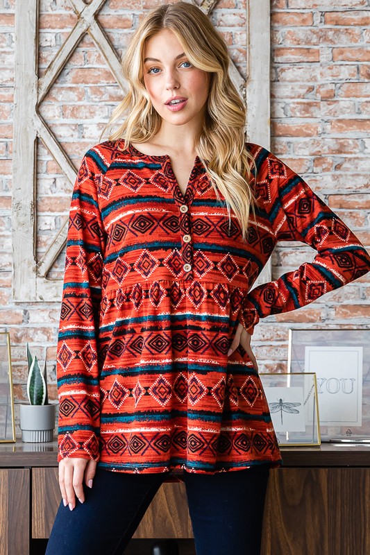 Heimish Full Size Geometric Button Detail Long Sleeve Babydoll Top Heimish Full Size Geometric Button Detail Long Sleeve Babydoll Top - TopFashionHQ