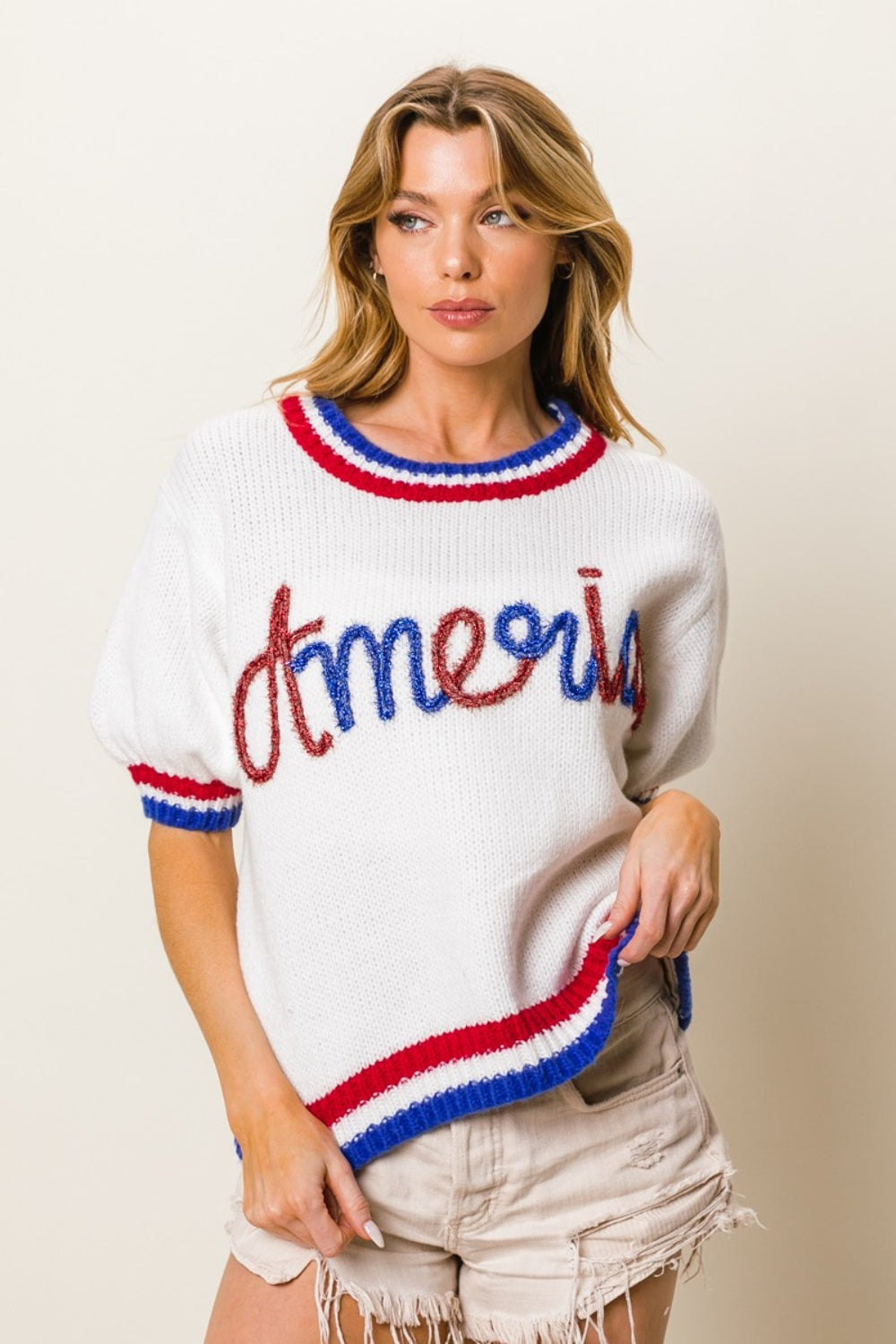 BiBi Metallic America Letter Short Sleeve Sweater BiBi Metallic America Letter Short Sleeve Sweater - TopFashionHQ
