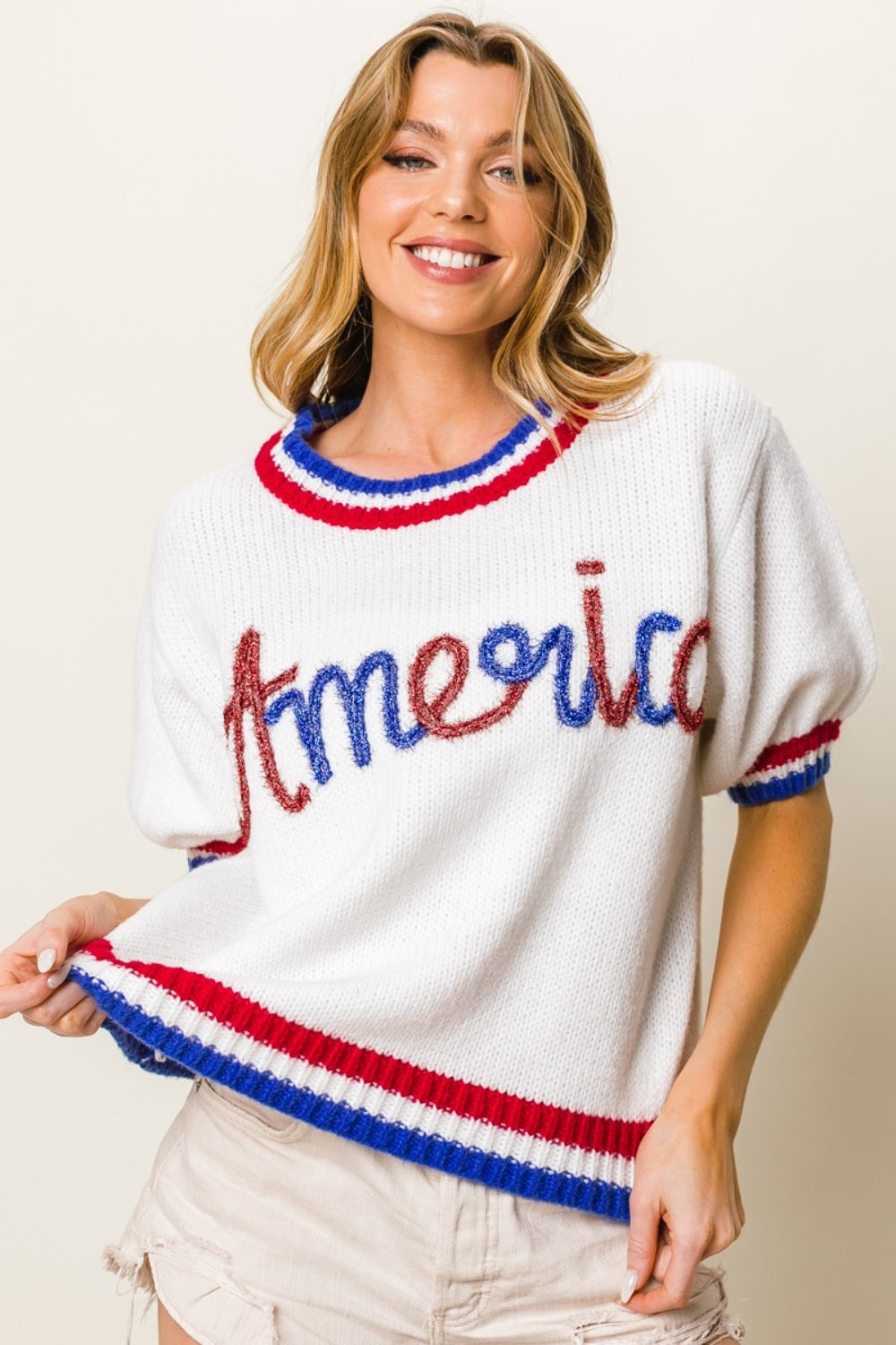 BiBi Metallic America Letter Short Sleeve Sweater BiBi Metallic America Letter Short Sleeve Sweater - TopFashionHQ