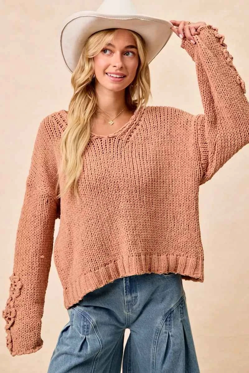 BiBi Chunky Knit Sweater with Flower Detail Sleeves BiBi Chunky Knit Sweater with Flower Detail Sleeves