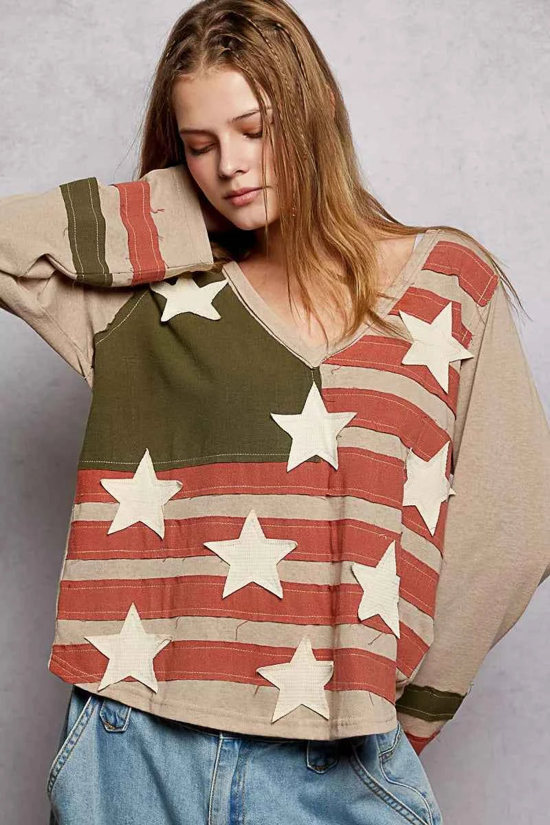 POL Double Gauze American Flag Patch V-Neck Long Sleeve T-Shirt POL Double Gauze American Flag Patch V-Neck Long Sleeve T-Shirt