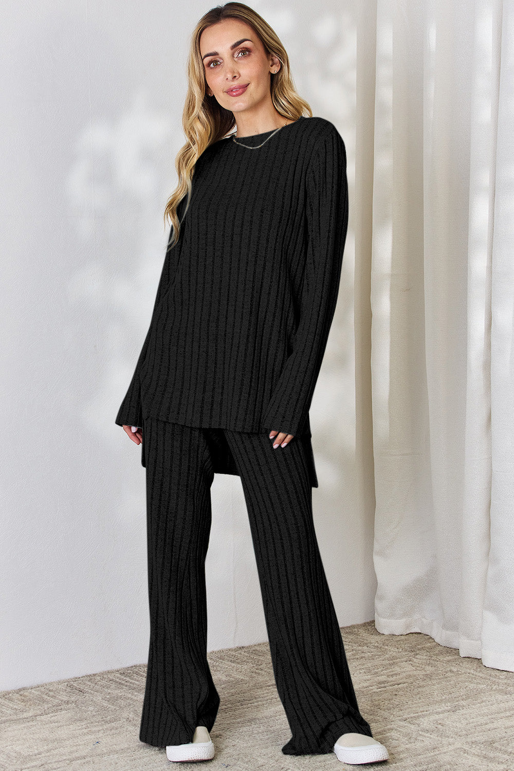 Basic Bae Full Size Ribbed High-Low Top and Wide Leg Pants Set Basic Bae Full Size Ribbed High-Low Top and Wide Leg Pants Set - TopFashionHQ